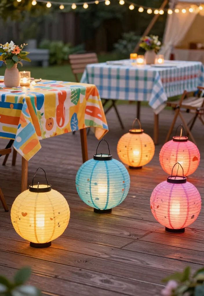 15 Outdoor Patio Lantern Ideas for Tables - 13. Colorful Lanterns on Composite Decking 1
