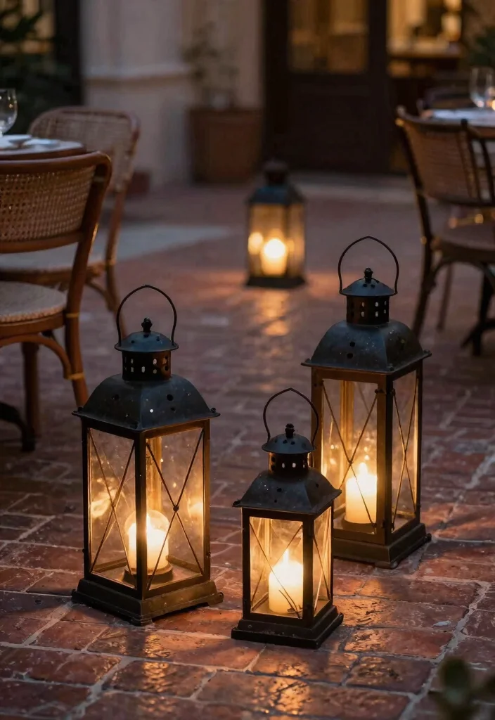 15 Outdoor Patio Lantern Ideas for Tables - 14. Classic Lanterns on Brick Flooring 1