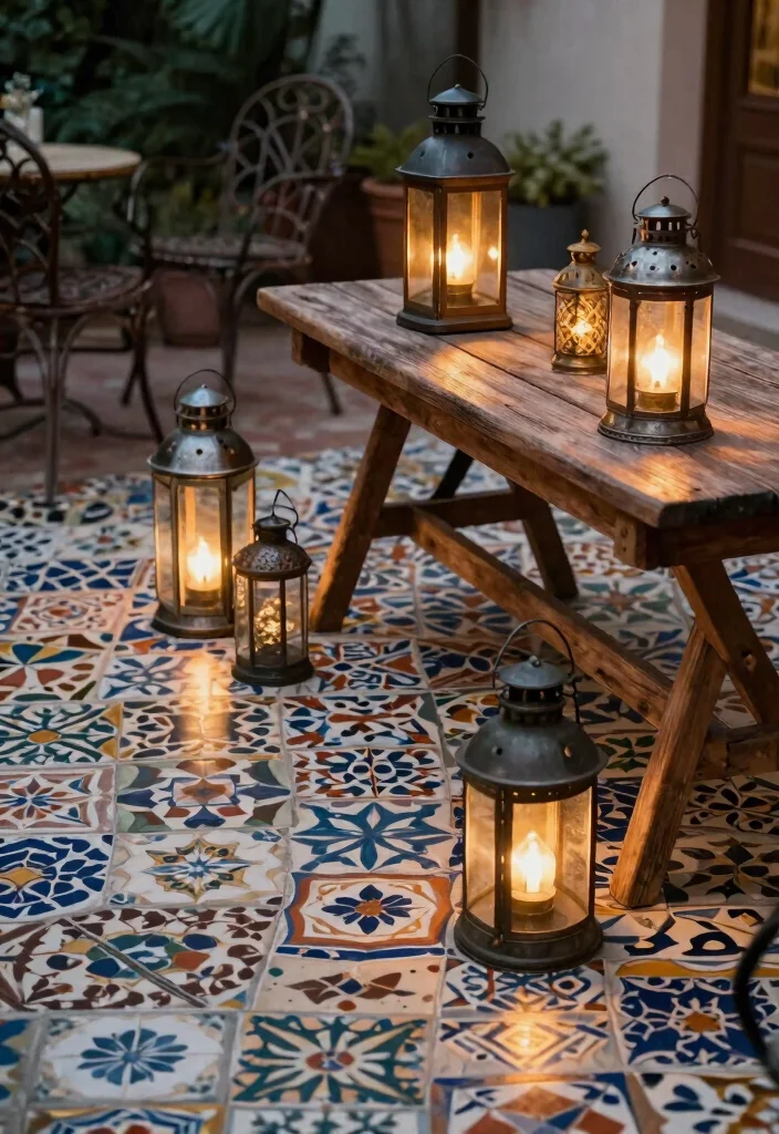 15 Outdoor Patio Lantern Ideas for Tables - 3. Vintage Lanterns on Patterned Tiles 1