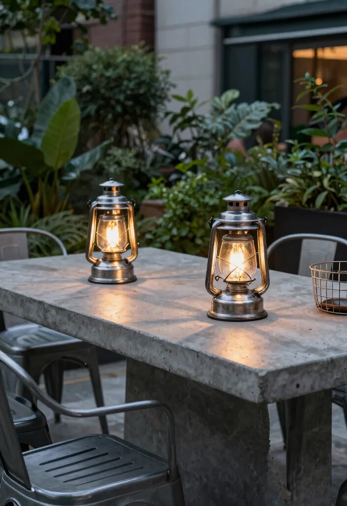 15 Outdoor Patio Lantern Ideas for Tables - 5. Industrial-Style Lanterns on Concrete Surfaces 1