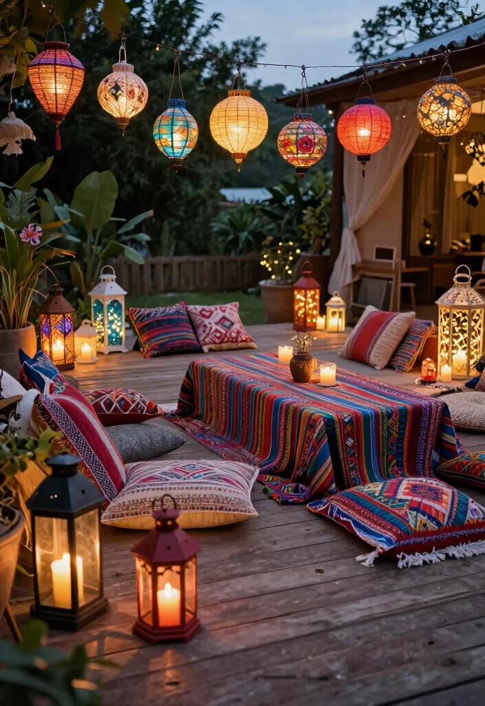 15 Outdoor Patio Lantern Ideas for Tables - 6. Bohemian Lanterns on Decking 1