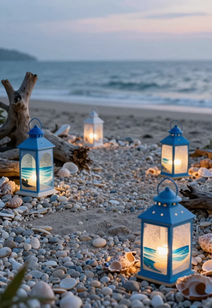 15 Outdoor Patio Lantern Ideas for Tables - 7. Coastal Lanterns on Pebble Surfaces 1
