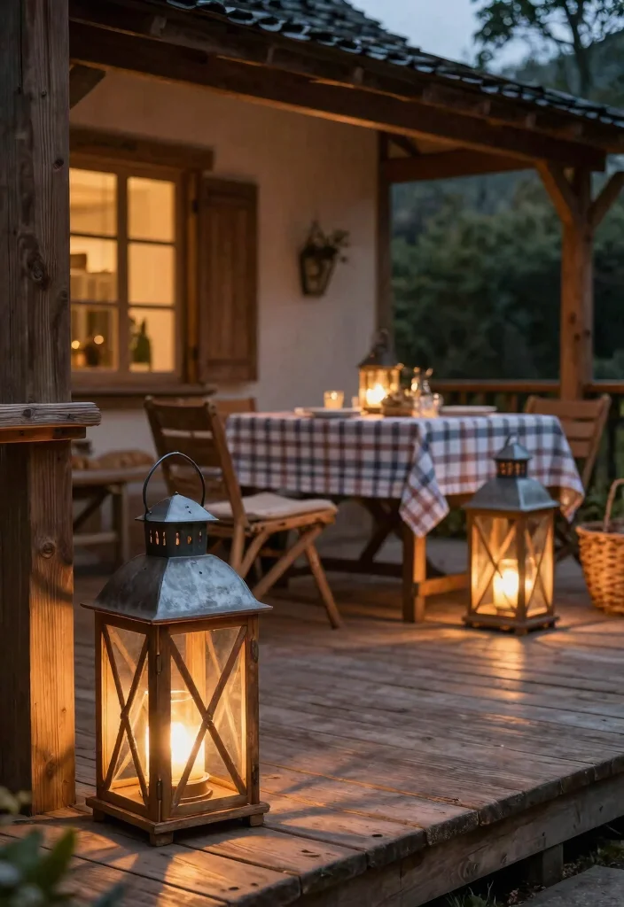 15 Outdoor Patio Lantern Ideas for Tables - 8. Farmhouse Lanterns on Wooden Decking 1