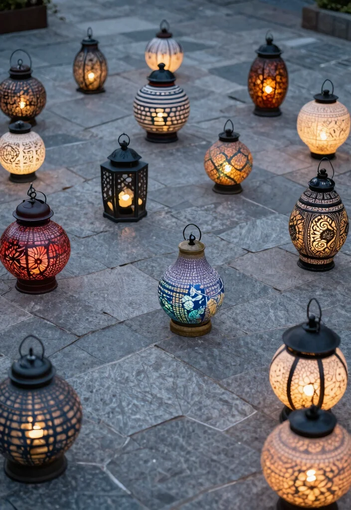 15 Outdoor Patio Lantern Ideas for Tables - 9. Artistic Lanterns on Paved Patio 1