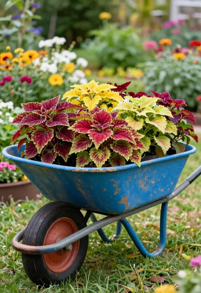 12 Coleus Planter Ideas for Bold Color in Any Outdoor Space 7 12 Coleus Planter Ideas for Bold Color in Any Outdoor Space - 7. Rustic Wheelbarrow Planters 1