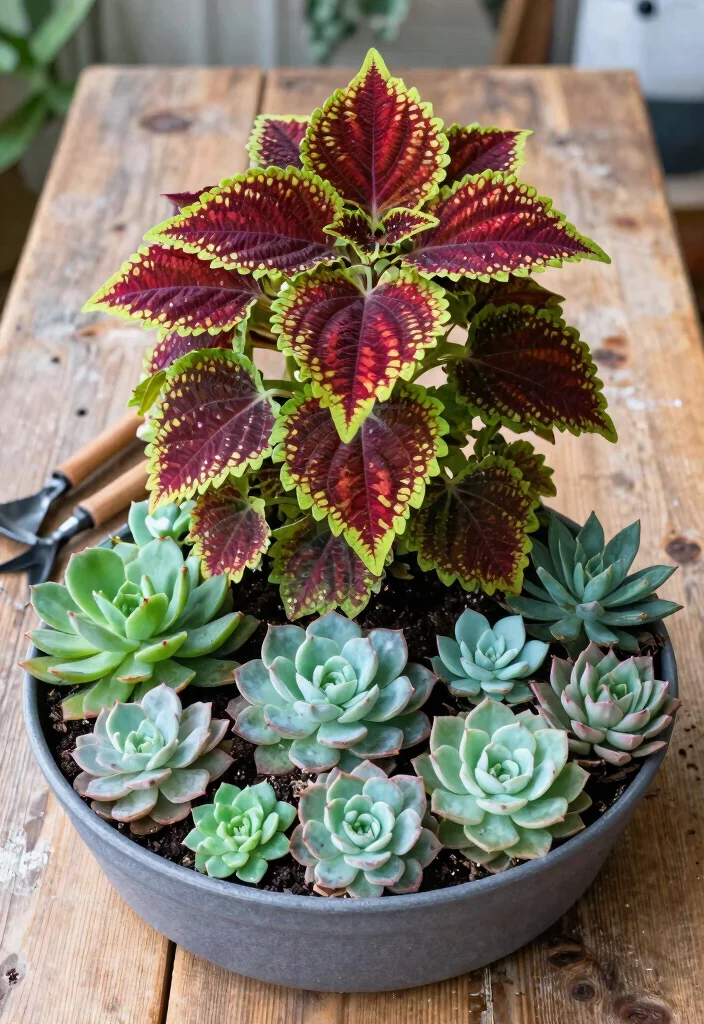 12 Coleus Planter Ideas for Bold Color in Any Outdoor Space 8 12 Coleus Planter Ideas for Bold Color in Any Outdoor Space - 8. Coleus and Succulent Combination 1
