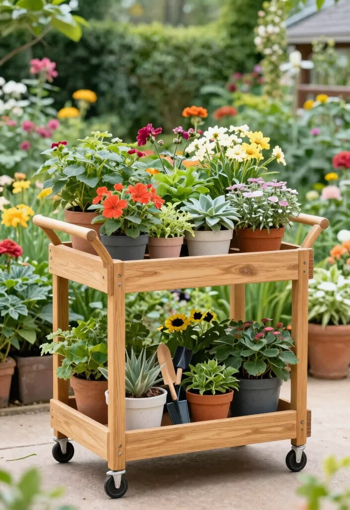 12 Garden Cart Ideas to Haul and Organize Your Outdoor Tools 4 12 Garden Cart Ideas to Haul and Organize Your Outdoor Tools - 4. Rolling Plant Display Cart 1