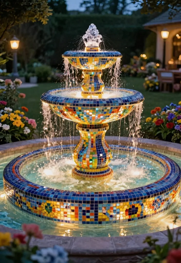 12 Mosaic Water Fountain Ideas for a Colorful Garden Focal Point 12 12 Mosaic Water Fountain Ideas for a Colorful Garden Focal Point - 12. Illuminated Mosaic Fountains 1