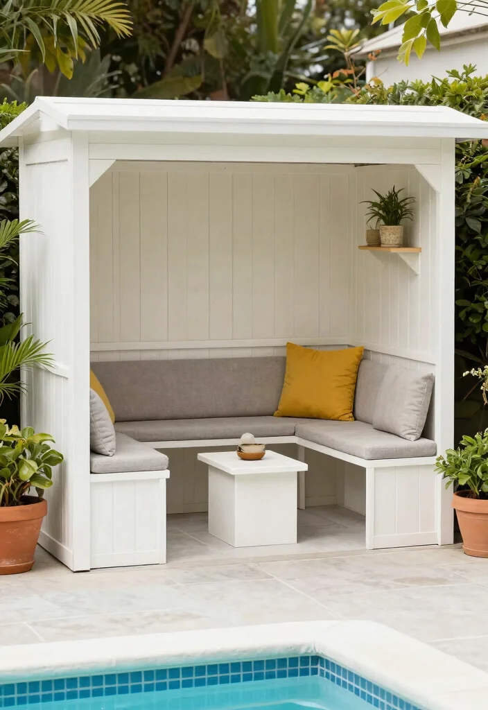 12 Pool Pump House Ideas That Keep Equipment Hidden and Accessible 8 12 Pool Pump House Ideas That Keep Equipment Hidden and Accessible - 8. Storage Benches 1
