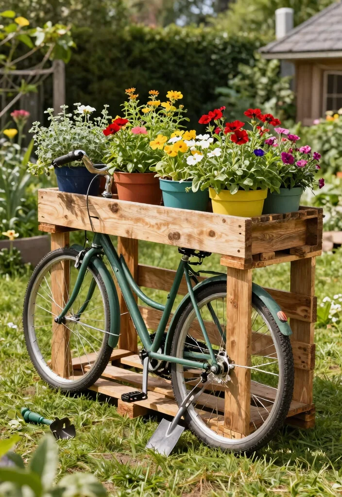 12 Road Bike Storage Ideas That Keep Your Bike Safe and Display-Ready 8 12 Road Bike Storage Ideas That Keep Your Bike Safe and Display-Ready - 8. Repurposed Pallet Bike Rack with Plants 1