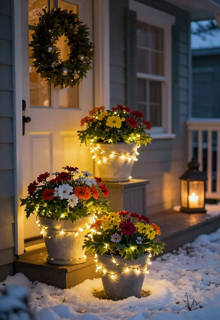 14 Christmas Flower Pot Ideas for a Festive Front Porch Display - 11. Light-Up Flower Pots 1
