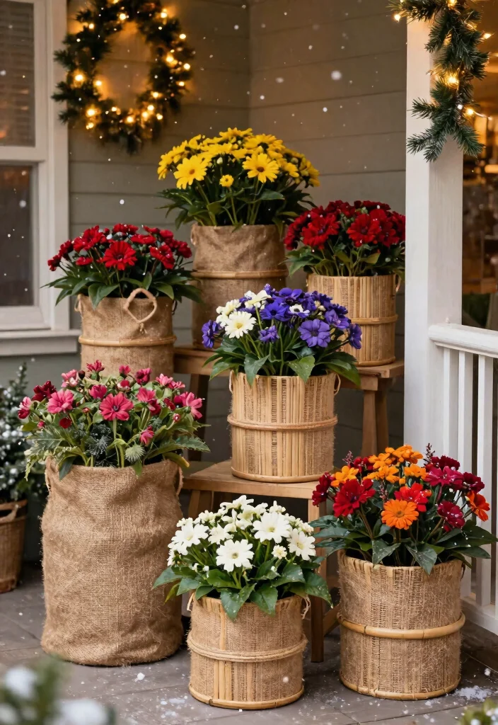 14 Christmas Flower Pot Ideas for a Festive Front Porch Display - 12. Natural Fiber Planters 1