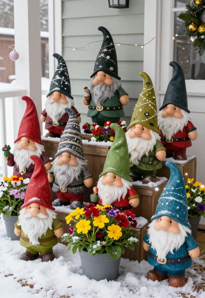 14 Christmas Flower Pot Ideas for a Festive Front Porch Display - 13. Whimsical Gnome Planters 1