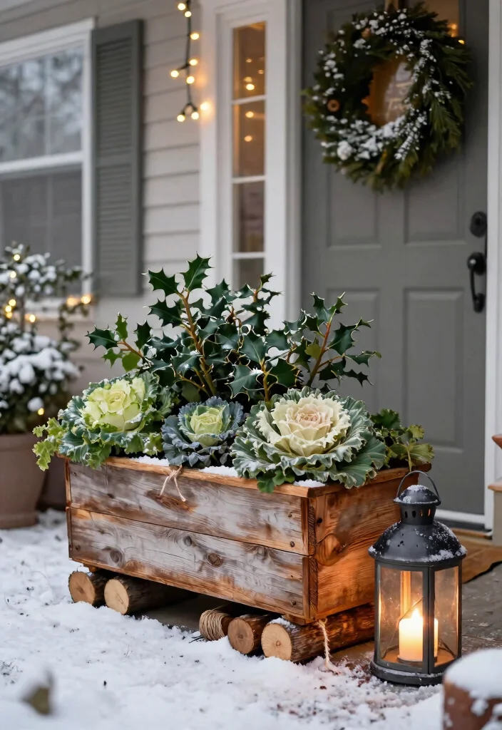 14 Christmas Flower Pot Ideas for a Festive Front Porch Display - 3. Rustic Wooden Planter Arrangement 1