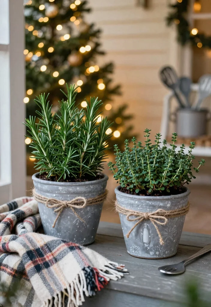14 Christmas Flower Pot Ideas for a Festive Front Porch Display - 5. Holiday Herb Garden 1