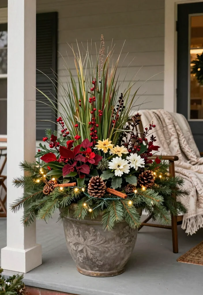 14 Christmas Flower Pot Ideas for a Festive Front Porch Display - 6. Festive Container Mix 1