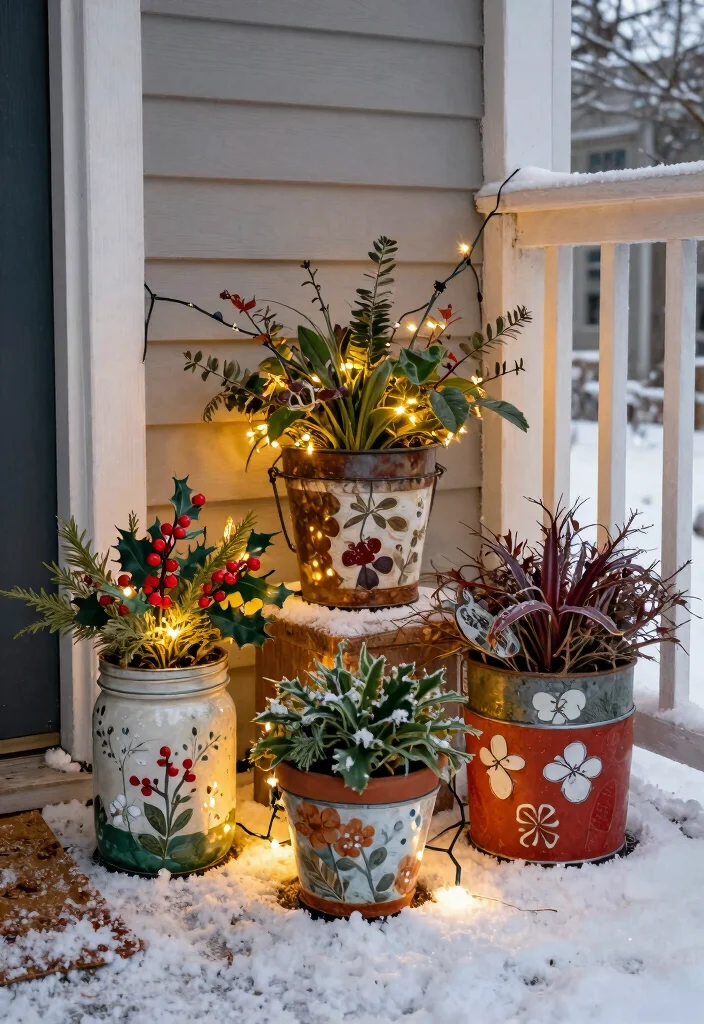 14 Christmas Flower Pot Ideas for a Festive Front Porch Display - 7. Upcycled Christmas Pots 1