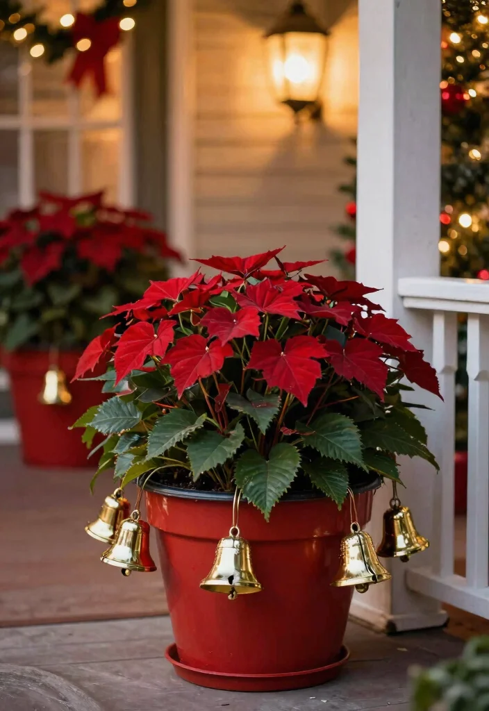 14 Christmas Flower Pot Ideas for a Festive Front Porch Display - 8. Joyful Jingle Bell Planters 1