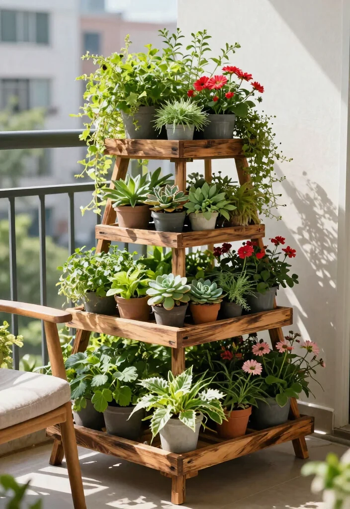 15 Balcony Planter Ideas for Small Spaces and Apartment Gardens 4 15 Balcony Planter Ideas for Small Spaces and Apartment Gardens - 4. Tiered Plant Stands 1
