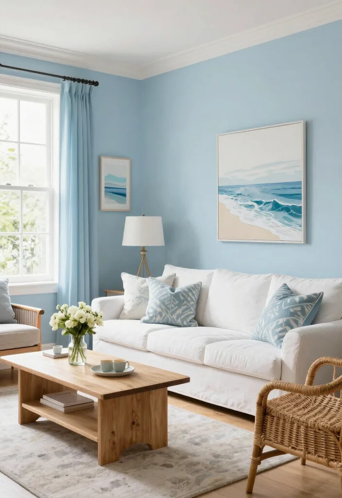 15 Blue Wall Decor Living Room Ideas Cool Color Accents - 2. Soft Sky Blue with White Trim 1