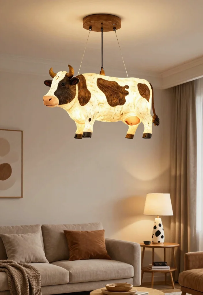 15 Cow Living Room Decor Ideas for a Farmhouse Whimsical Touch - 13. Cow-Themed Lighting Fixtures 1