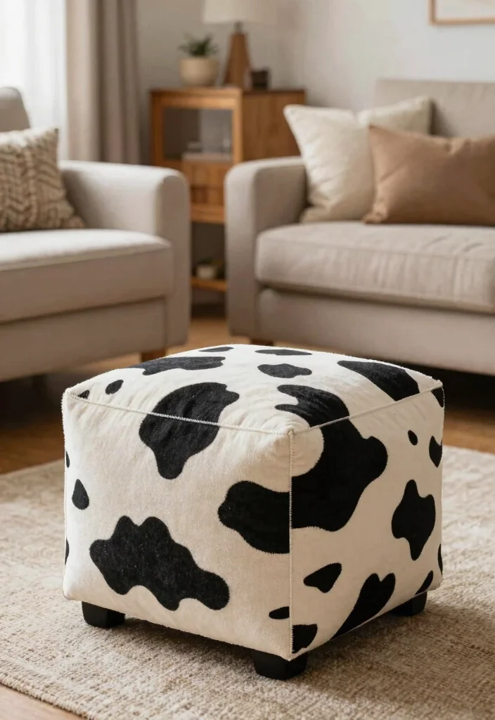 15 Cow Living Room Decor Ideas for a Farmhouse Whimsical Touch - 14. Cow-Patterned Accent Furniture 1