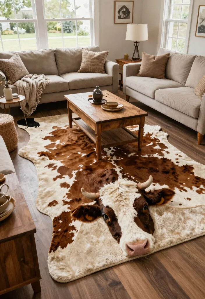 15 Cow Living Room Decor Ideas for a Farmhouse Whimsical Touch - 8. Cow-Themed Rugs 1
