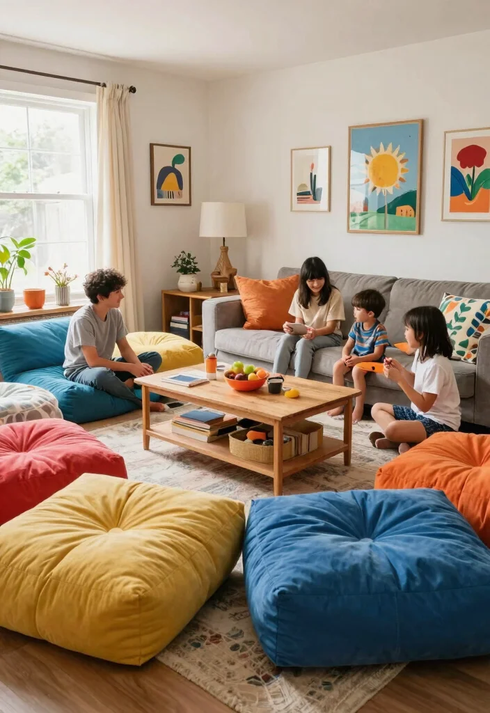 15 Floor Sofa Living Room Ideas for Casual Minimal Comfort - 4. Family-Friendly Floor Lounging 1