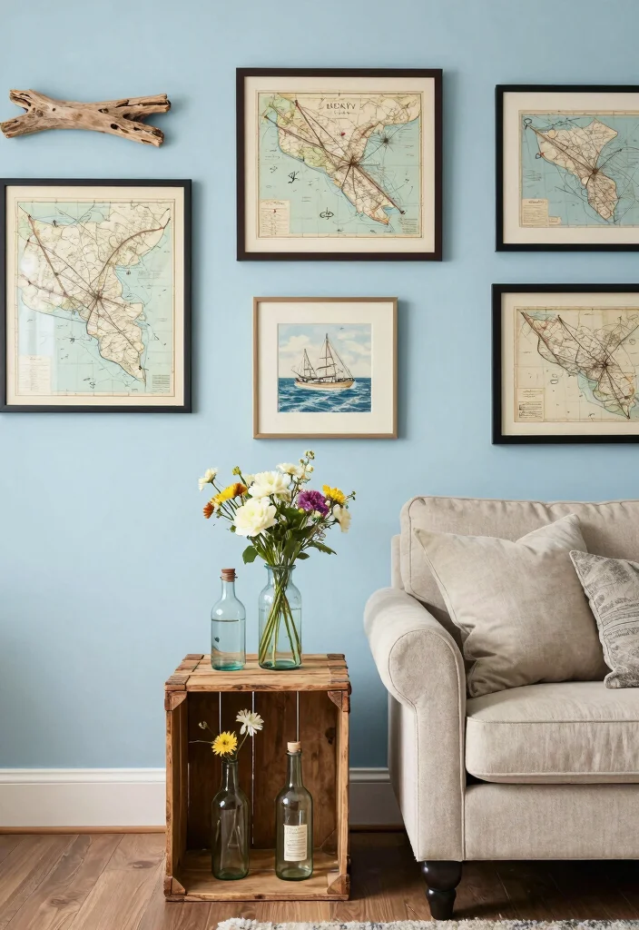 15 Light Blue Accent Wall Living Room Ideas: Soft, Airy Touch - 12. Vintage Coastal Finds 1