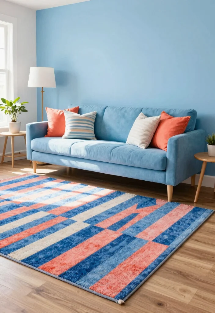 15 Light Blue Accent Wall Living Room Ideas: Soft, Airy Touch - 8. Playful Patterns with Rugs 1