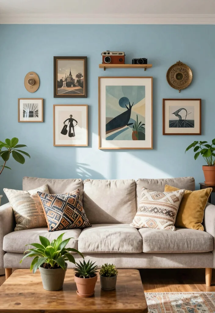 15 Light Blue Accent Wall Living Room Ideas: Soft, Airy Touch - 9. Eclectic Coastal Mix 1
