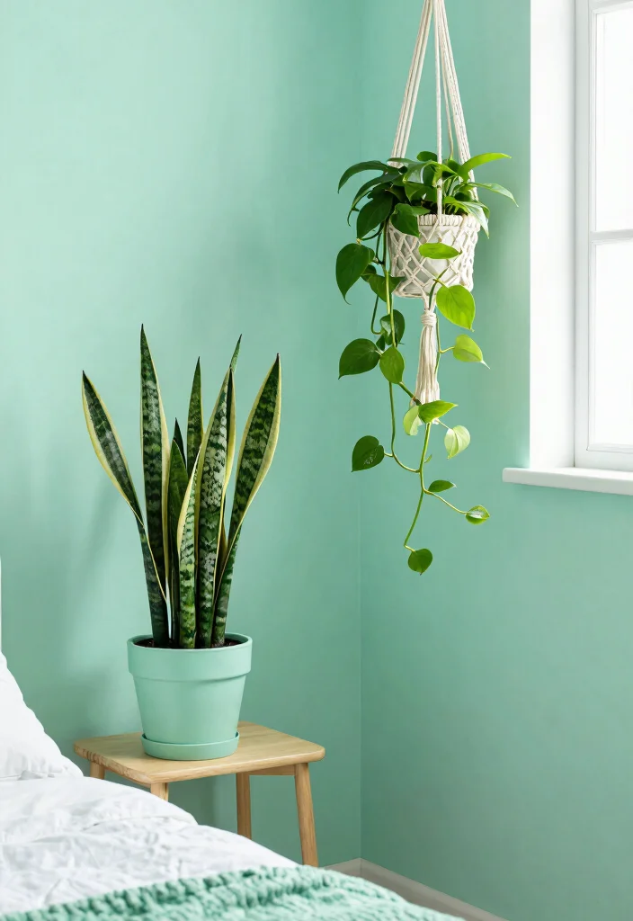 15 Mint Green Bedroom Ideas Fresh Soft Style - 6. Botanical Mint Green Accents 1