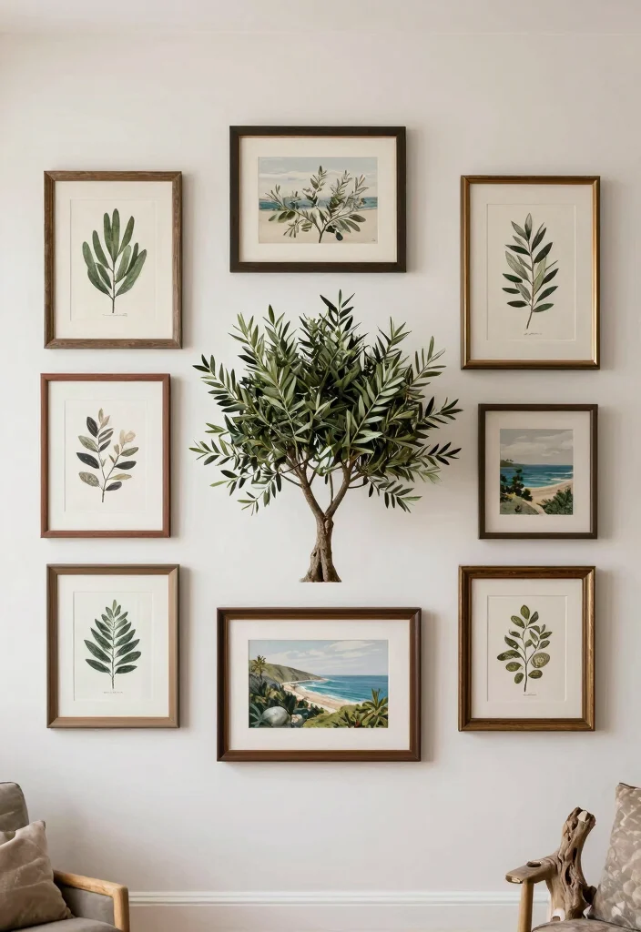 15 Olive Tree Living Room Decor Ideas: Calm Mediterranean Touch 12 15 Olive Tree Living Room Decor Ideas: Calm Mediterranean Touch - 12. Create a Mediterranean Gallery Wall 1