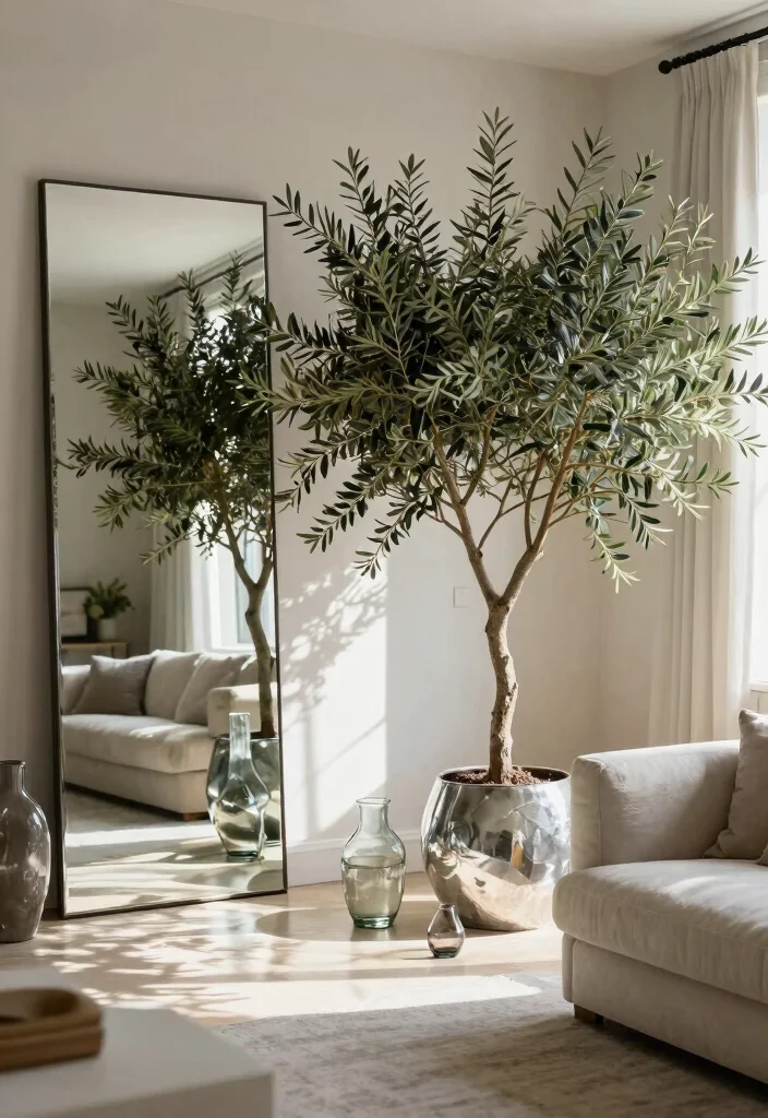 15 Olive Tree Living Room Decor Ideas: Calm Mediterranean Touch 15 15 Olive Tree Living Room Decor Ideas: Calm Mediterranean Touch - 15. Bring in Light-Reflecting Decor 1