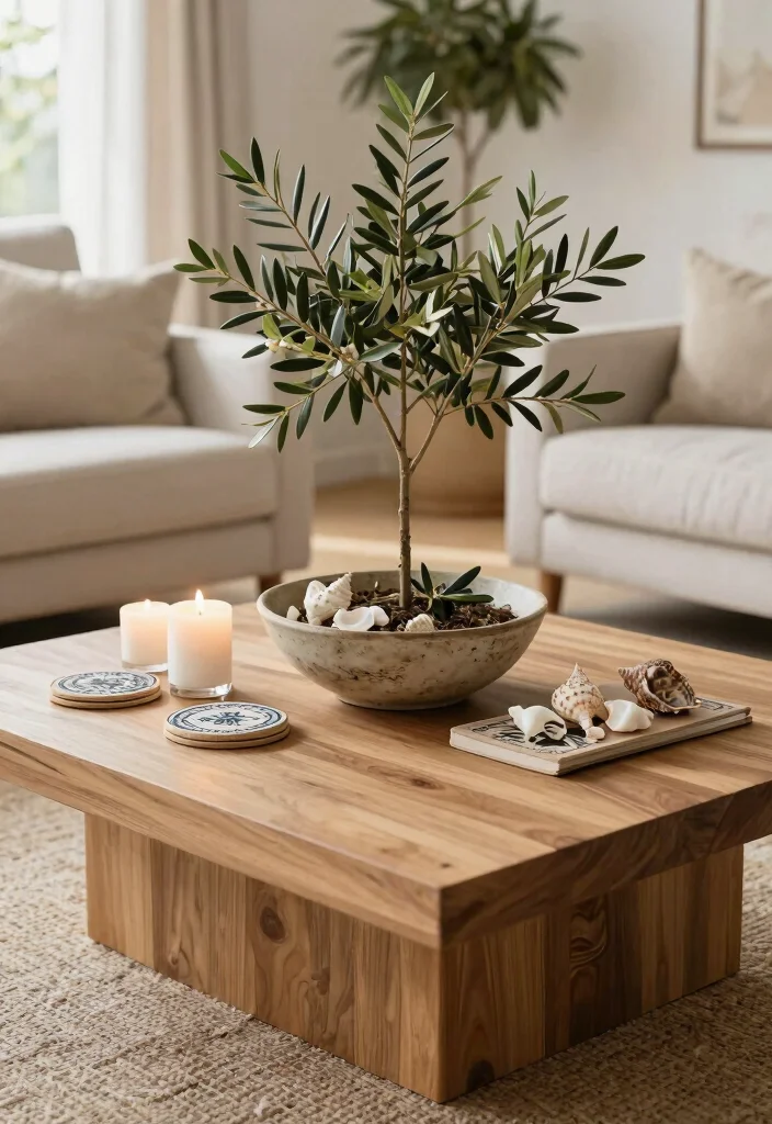 15 Olive Tree Living Room Decor Ideas: Calm Mediterranean Touch 7 15 Olive Tree Living Room Decor Ideas: Calm Mediterranean Touch - 7. Mediterranean-Style Centerpiece 1
