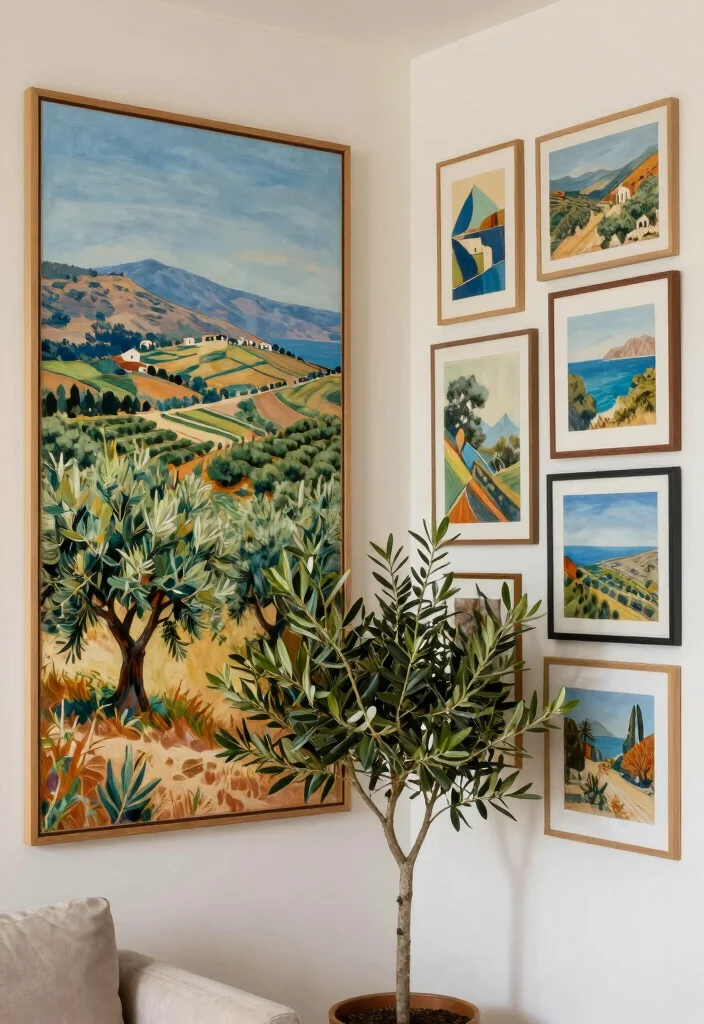 15 Olive Tree Living Room Decor Ideas: Calm Mediterranean Touch 9 15 Olive Tree Living Room Decor Ideas: Calm Mediterranean Touch - 9. Infuse Art with Nature 1