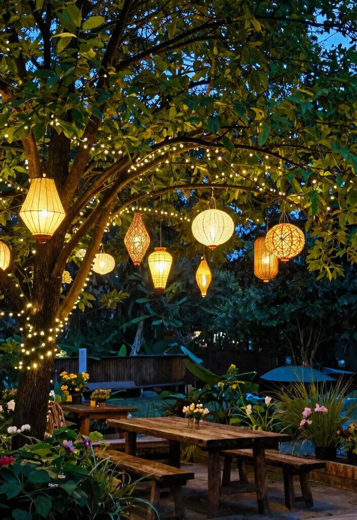 15 Outdoor Lantern Decor Ideas for a Warm and Inviting Patio - 1. Hanging Lanterns from Trees 1