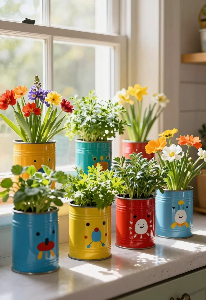 15 Window Planter Box Ideas to Add Color and Charm to Any Home 12 15 Window Planter Box Ideas to Add Color and Charm to Any Home - 12. Painted Tin Cans 1