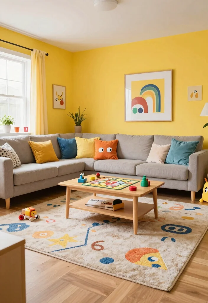 15 Yellow Accent Wall Living Room Ideas: Cheerful Warm Pop - 14. Family-Friendly Fun 1