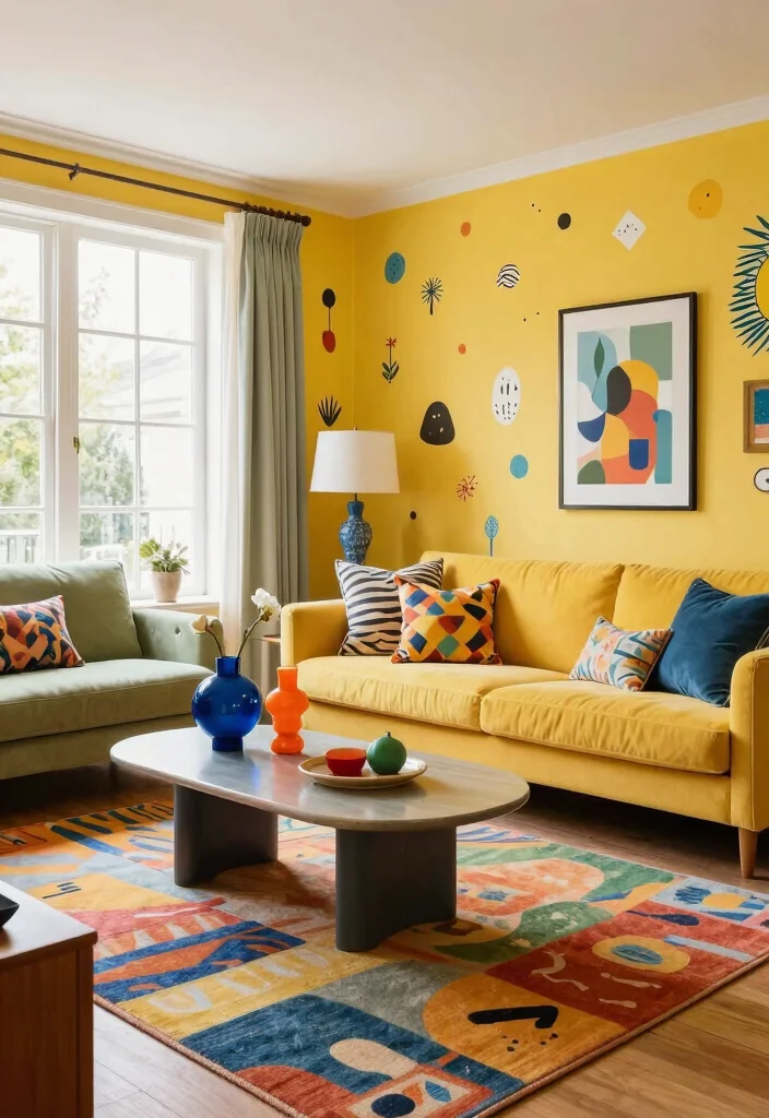 15 Yellow Accent Wall Living Room Ideas: Cheerful Warm Pop - 4. Whimsical Patterns 1