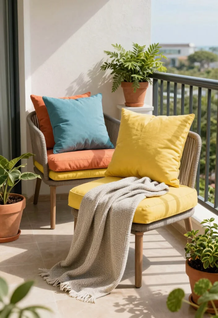 16 Bedroom Balcony Second Story Ideas: Bright Private Escape - 15. Weather-Resistant Fabrics for All Seasons 1
