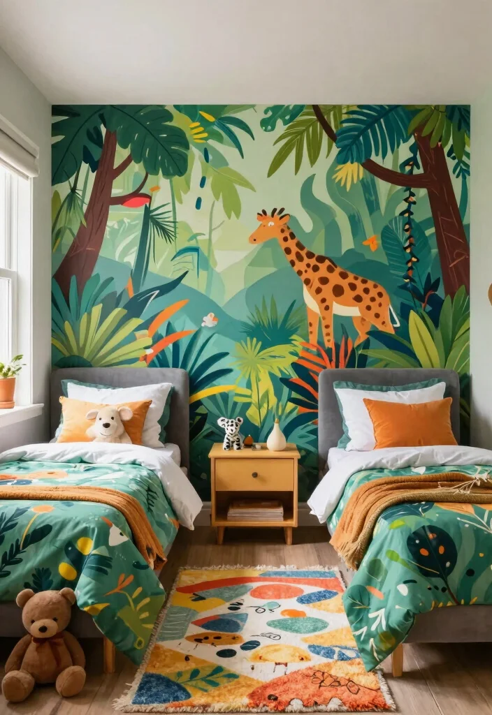16 Bedroom With Two Beds Ideas: Shared Practical Comfort - 10. Playful Wall Murals 1
