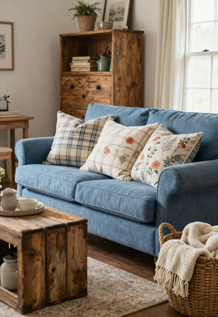 16 Blue Couch Living Room Decor Ideas Fresh Coordinated Style - 10. Rustic Vibes with Farmhouse Decor 1