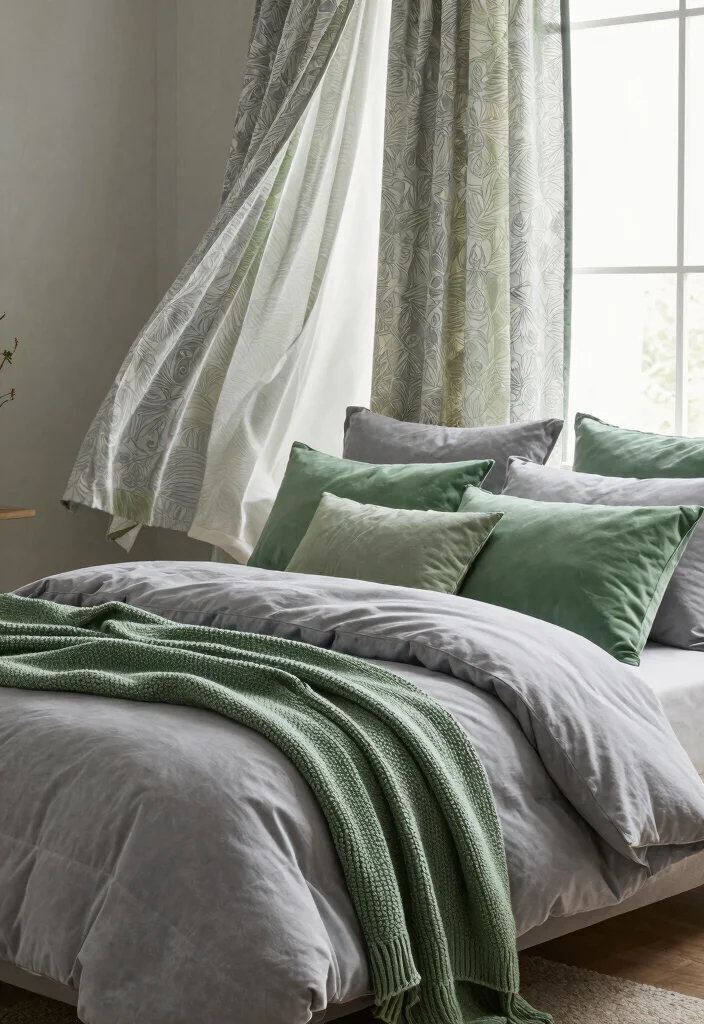 16 Green and Gray Bedroom Ideas: Calm Modern Harmony - 2. Soft Textiles for Comfort 1