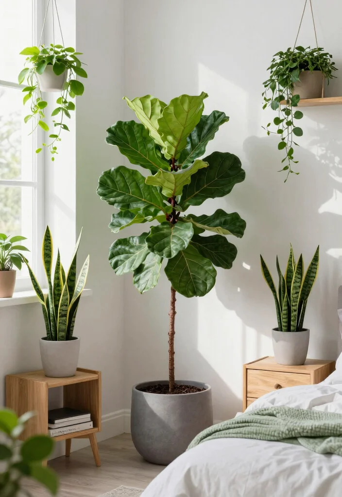 16 Green and Gray Bedroom Ideas: Calm Modern Harmony - 8. Green Plants as Focal Points 1