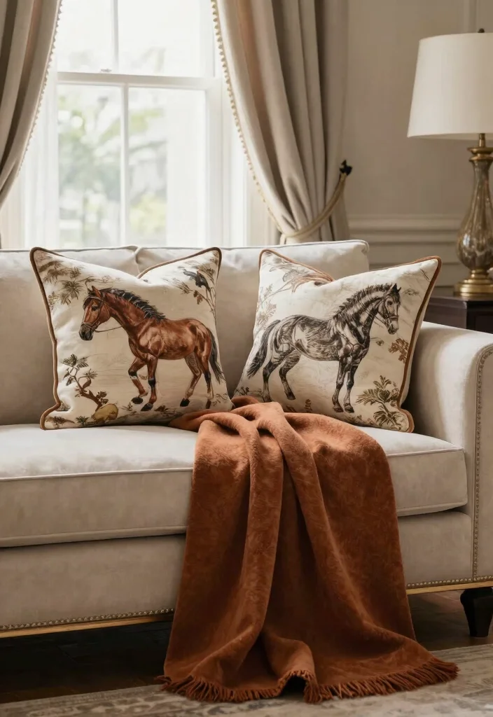 16 Horse Decor Living Room Equestrian Style Ideas Elegant Rustic 3 16 Horse Decor Living Room Equestrian Style Ideas Elegant Rustic - 3. Elegant Equestrian-Themed Textiles 1