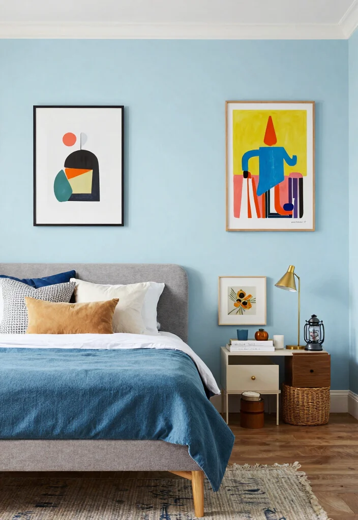 16 Light Blue Bedroom Walls Ideas for an Airy, Relaxed Look - 15. Eclectic Mix and Match 1
