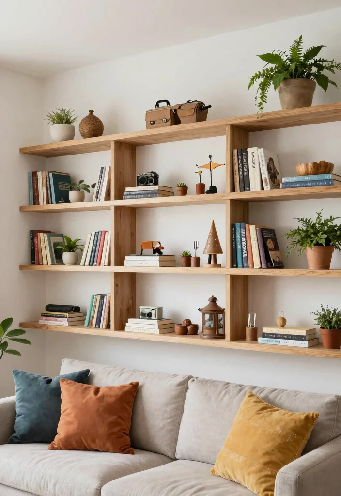 16 Living Room Empty Wall Ideas: Creative Decor Solutions - 11. Shelving with Personal Touches 1