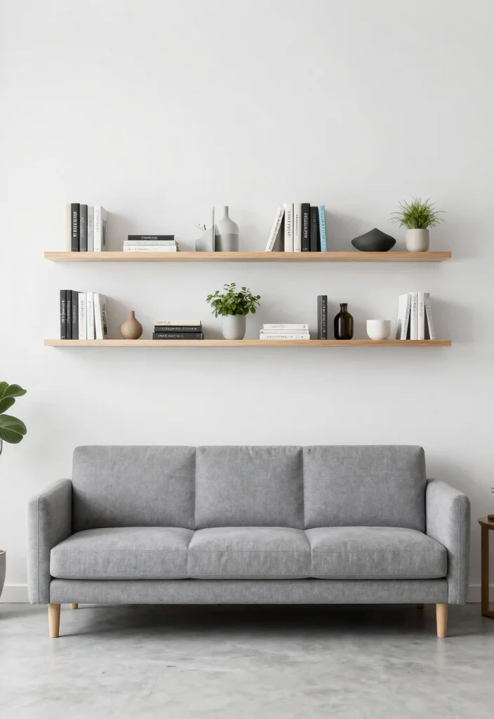16 Living Room Grey Sofa Ideas for Easy Neutral Styling - 12. Stylish Wall Shelves 1