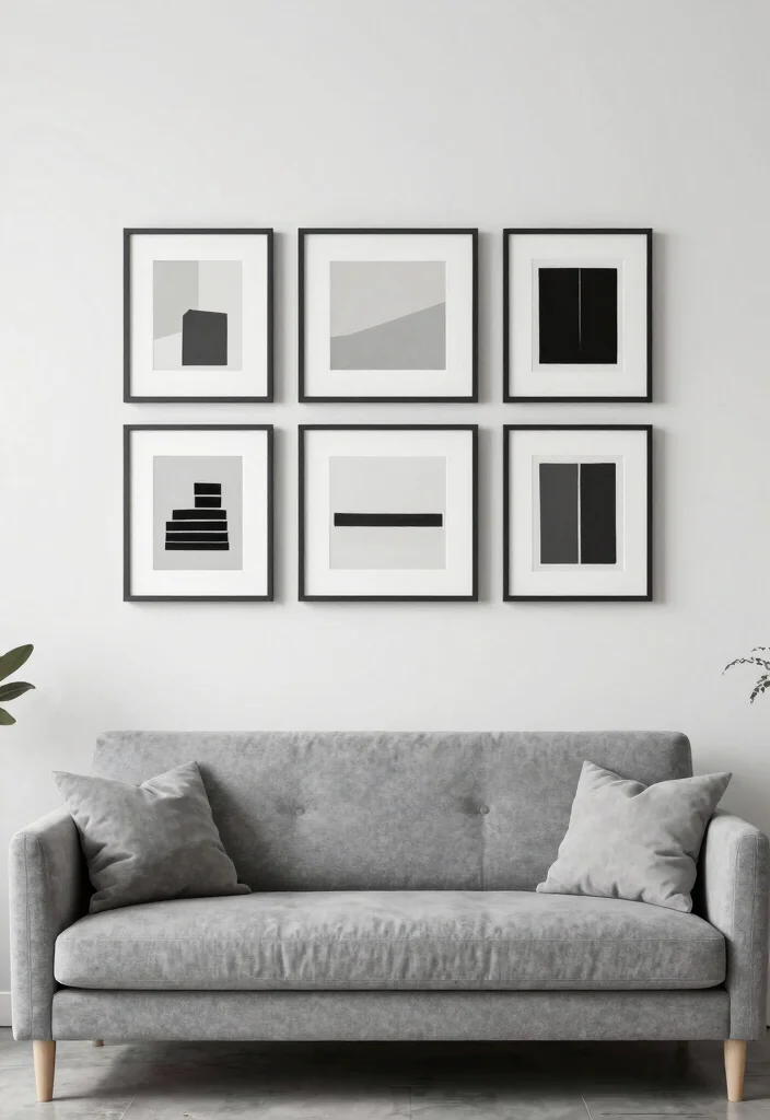 16 Living Room Grey Sofa Ideas for Easy Neutral Styling - 5. Minimalist Wall Art 1
